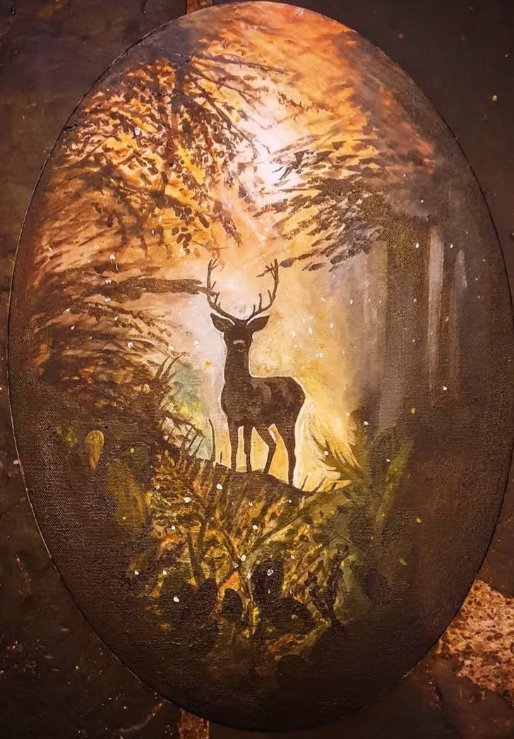 'Spirit of the Woods', Original Acrylic Painting on Oval Canvas