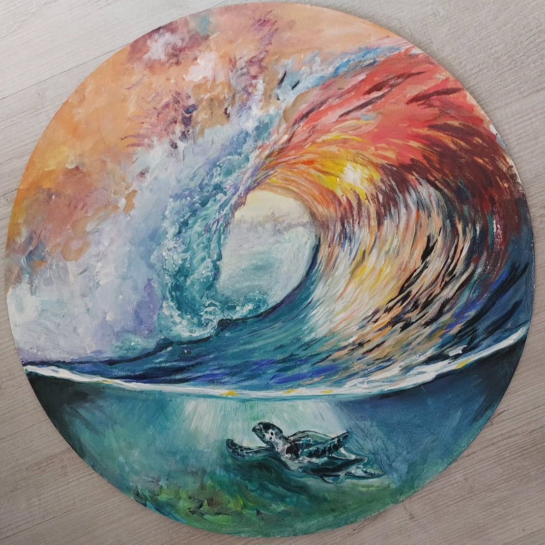 'Ride the Wave', Original Acrylic Painting on Round Board
